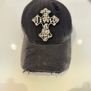 Black Distressed Cap with Rhinestone Cross